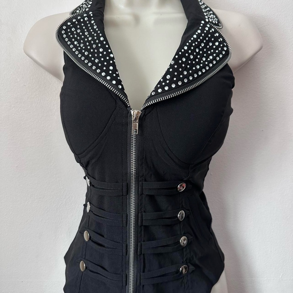 Black Stud-Embellished Halter Zip Front Top